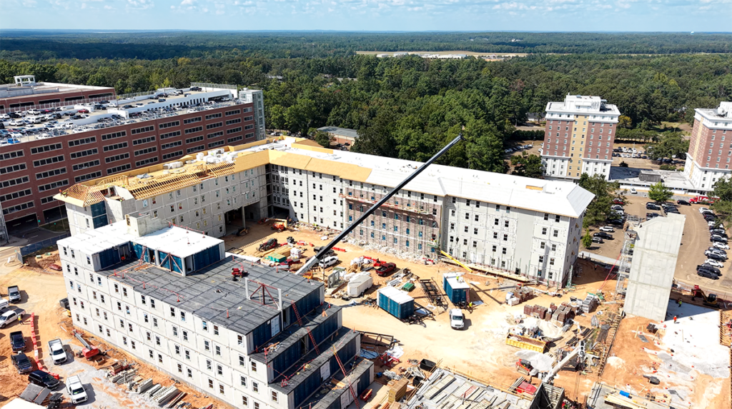 Aerial view of the Ole Miss student housing buildings under construction in Oxford, MS