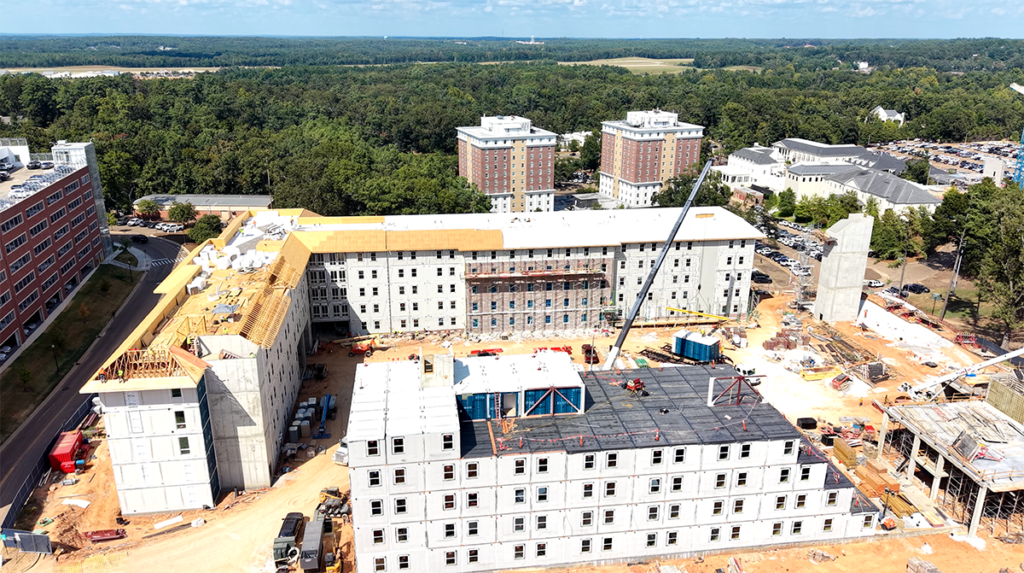 Aerial view of the Ole Miss student housing site in Oxford, MS during construction