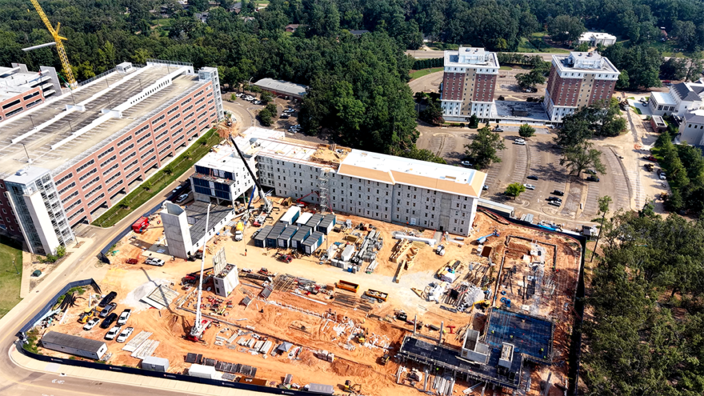 Aerial view of the Ole Miss student housing site at an earlier stage of construction