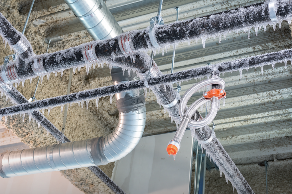 Ice and icicles coating fire sprinkler pipe above a commercial ceiling