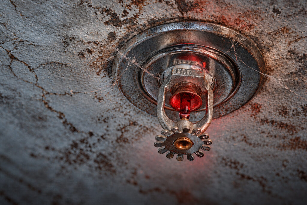Corroded fire sprinkler head with cobwebs on a rust stained ceiling